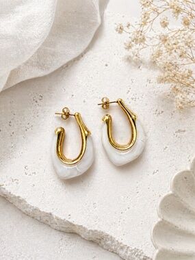 White Resin Hoop Earrings, Gold Plated Stainless Steel, Chunky Marble Huggies